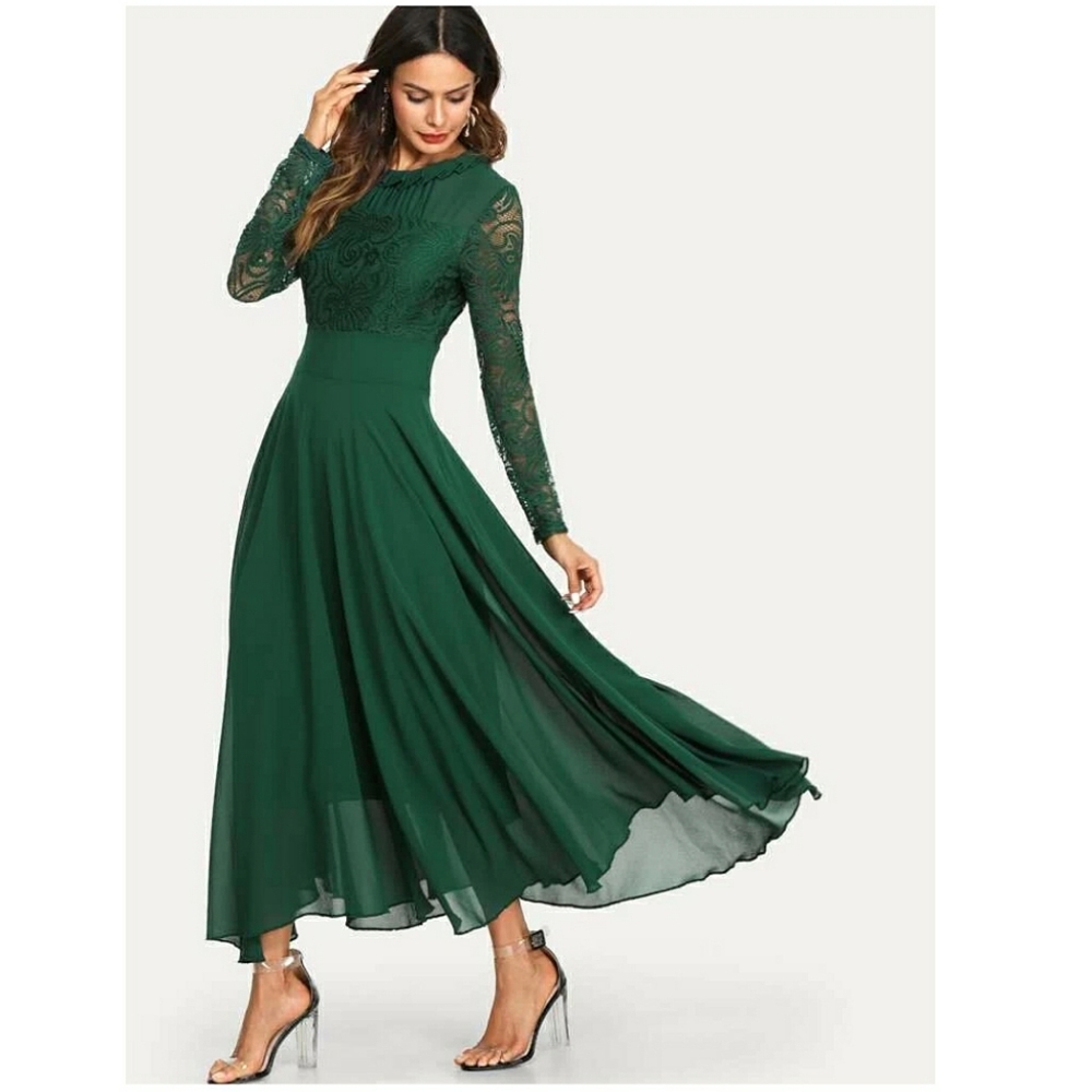 ROIII DARK GREEN FRILL NECK BODICE FLOWRY ONE PIECE DRESS